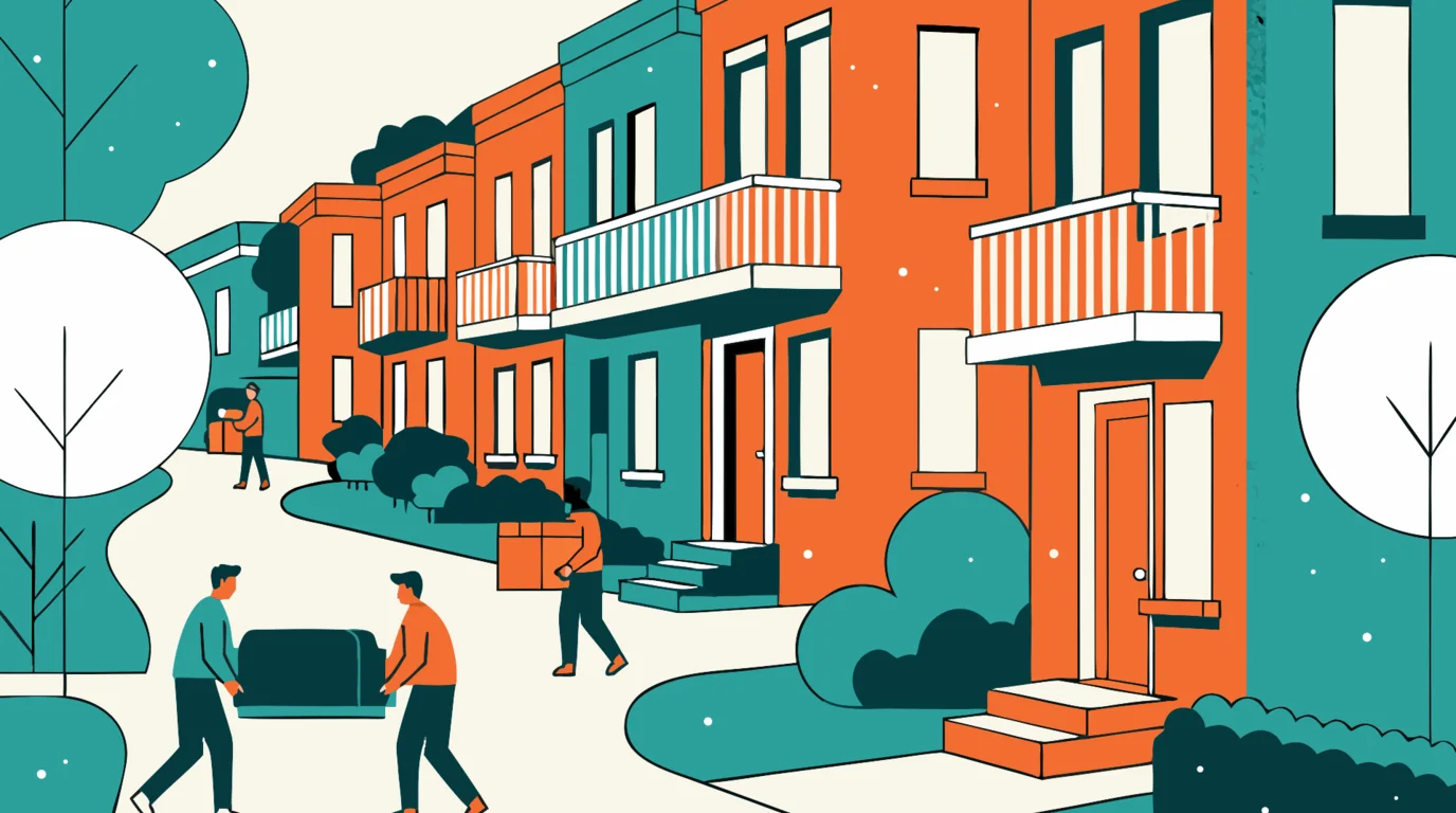 A flat-illustration street scene of a removal in Padstow